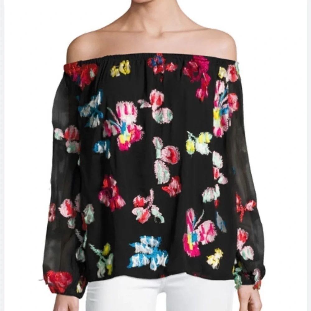 Tanya Taylor Georgette Tessa Black Silk Floral Embroidered Tassel Accent Top 8 - Picture 2 of 14